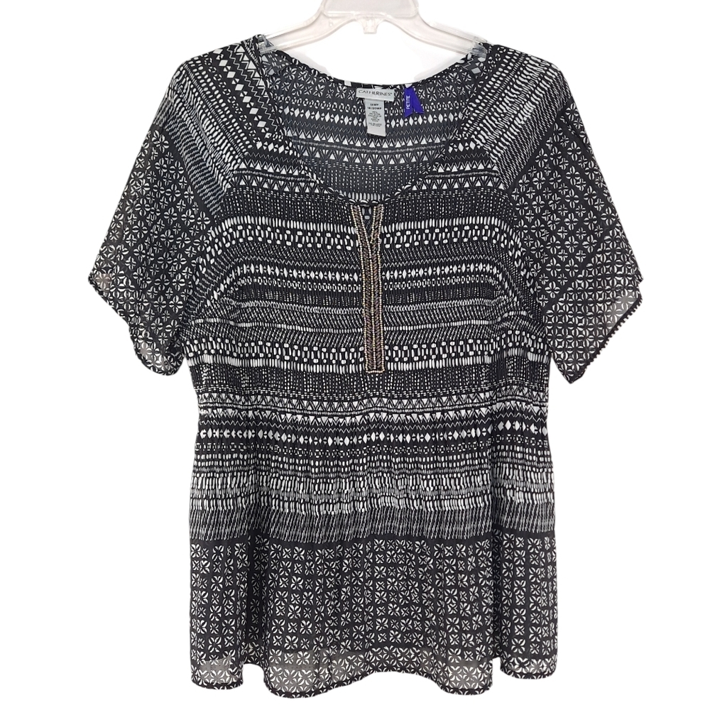 Catherines Women's Smocked Blouse Beaded Black White Geometric 1XW 18/20W Petite